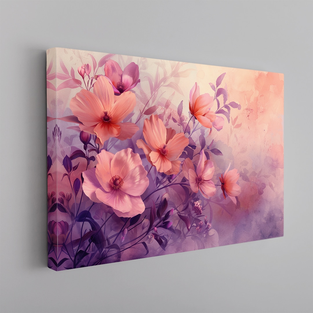 Cuadro floral tonos rosados y lilas estilo pintura artística en canvas