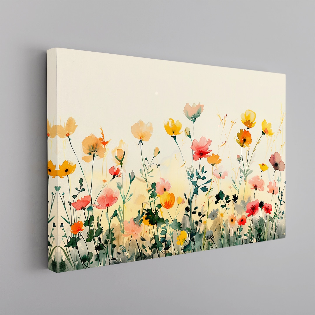Cuadro floral campo de flores silvestres en tonos amarillo y naranja estilo pintura artística en canvas