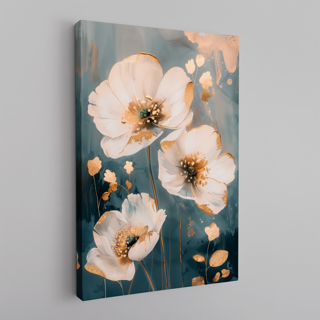 Flor Aura Cuadro floral con flores blancas sobre fondo verde azulado estilo pintura artística elegante en canvas