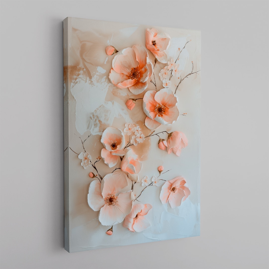 Cuadro floral en tonos coral y blanco con flores delicadas estilo pintura artística elegante en canvas