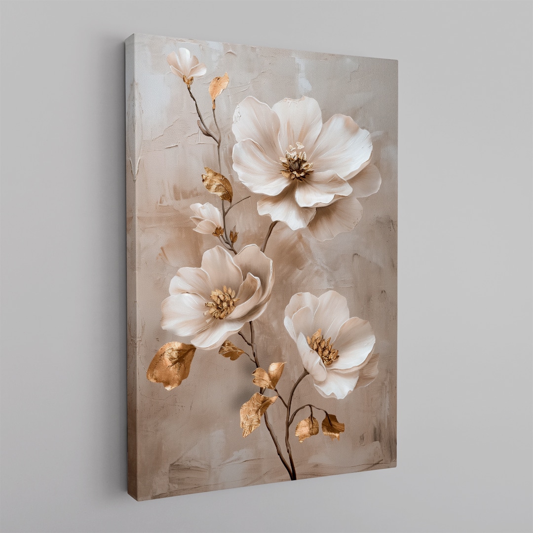 Flor Dorada Cuadro floral en tonos dorados y blanco con flores elegantes estilo pintura artística de lujo en canvas