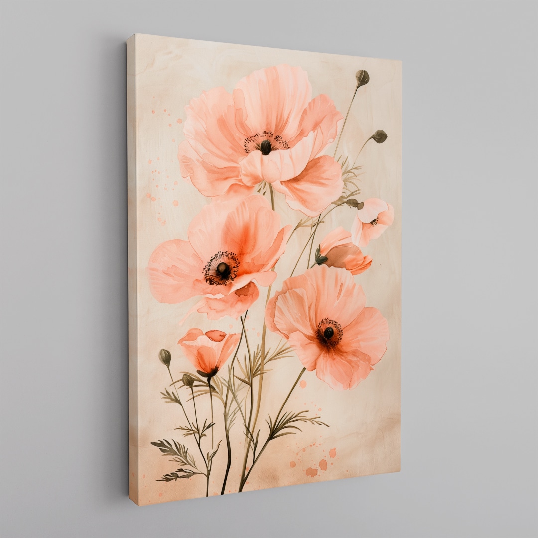 Cuadro floral en tonos durazno y beige con flores delicadas estilo pintura artística elegante en canvas