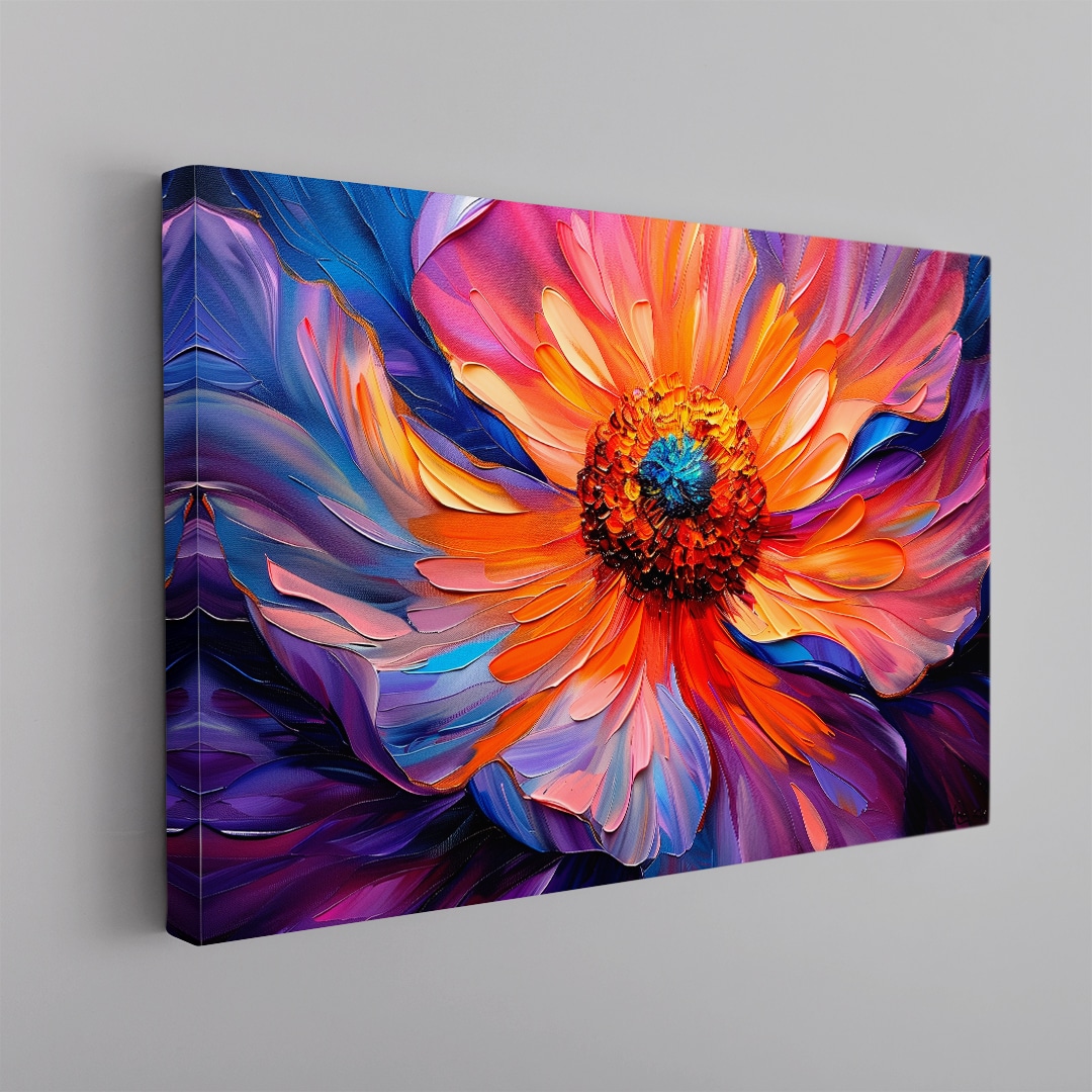 Cuadro floral colorido con flor abstracta en tonos vibrantes estilo pintura artística moderna en canvas
