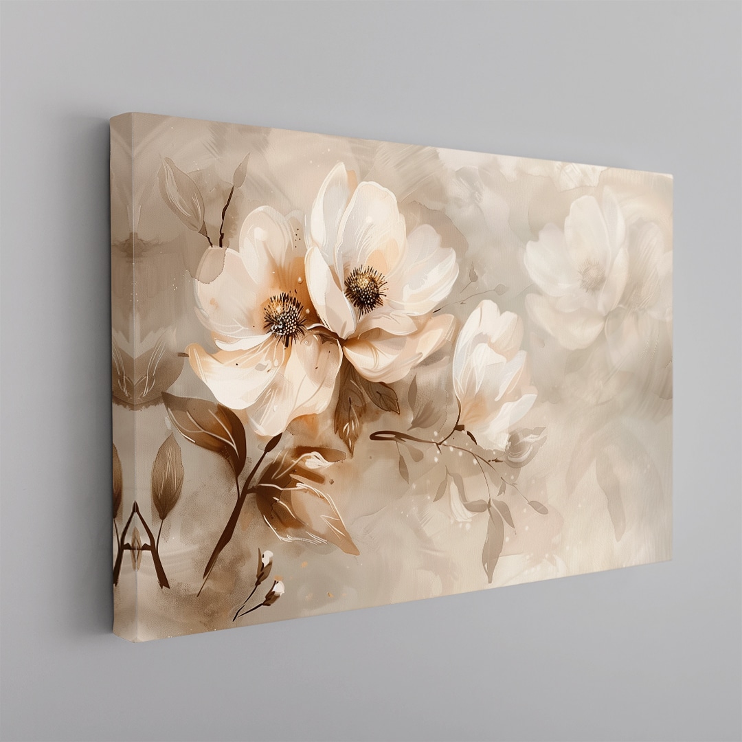 Cuadro floral en tonos beige y crema con flores suaves estilo pintura artística elegante en canvas