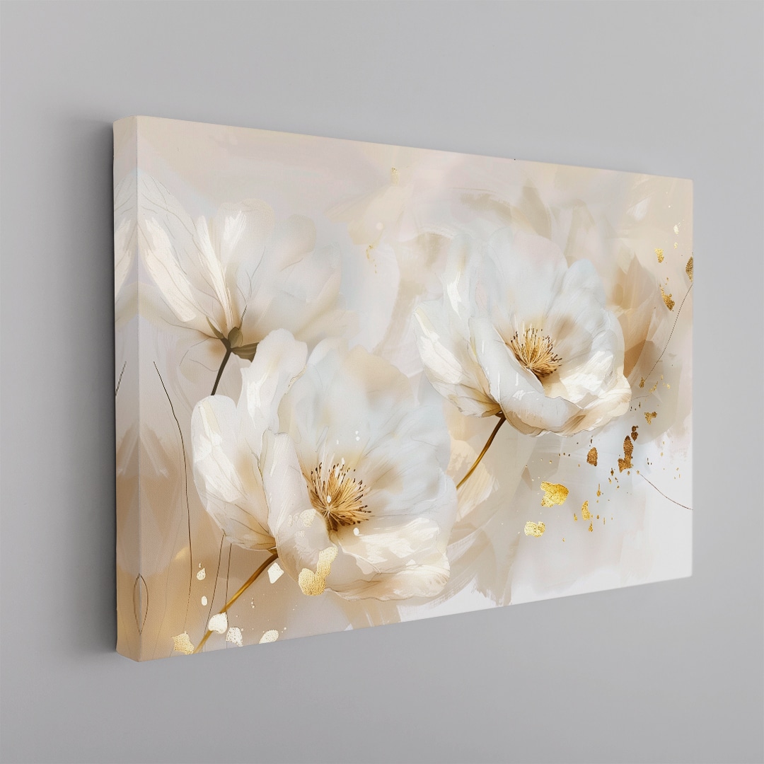 Flor Serena Cuadro floral en tonos blanco y dorado con flores suaves estilo pintura elegante minimalista en canvas