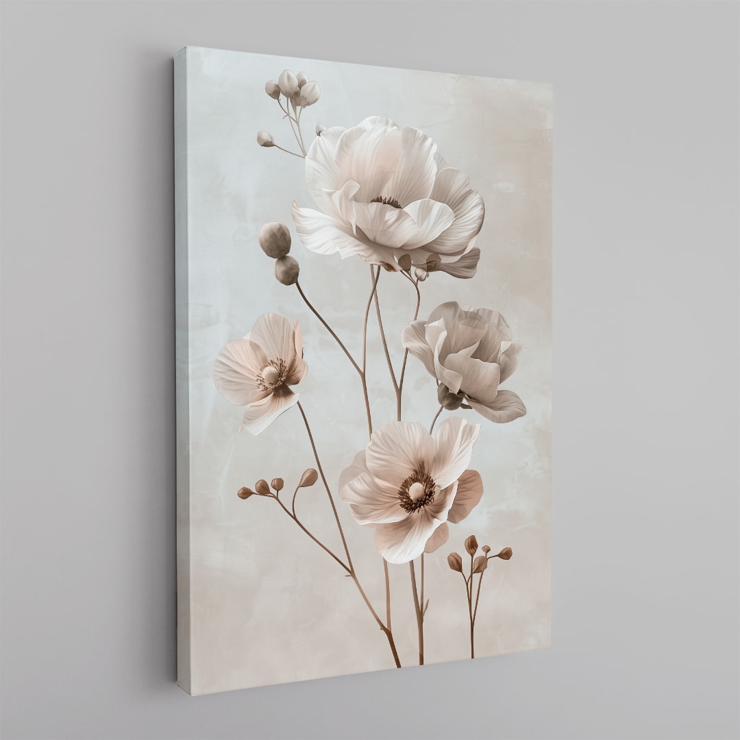 Flor Simple Cuadro floral minimalista en tonos beige y blanco con flores delicadas estilo elegante en canvas