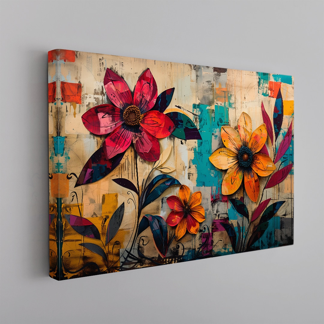 Flor Viva Cuadro floral colorido con flores rojas y amarillas estilo pintura artística moderna en canvas