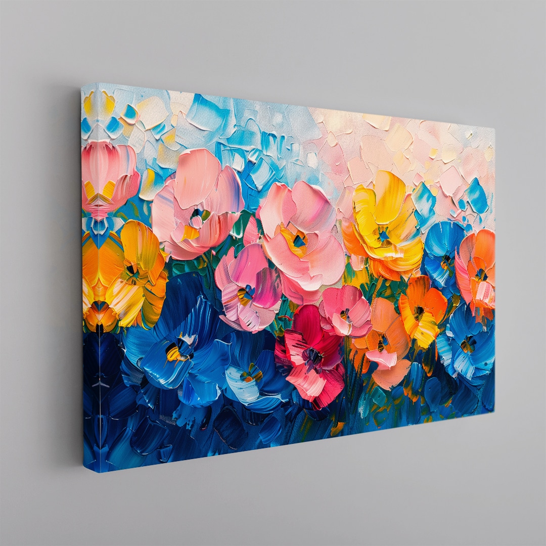 Flores Alegres Cuadro floral colorido con flores en tonos rosa, azul y amarillo estilo pintura artística moderna en canvas