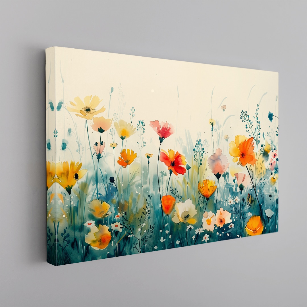 Cuadro floral de flores silvestres en tonos suaves azul, naranja y crema estilo pintura artística en canvas