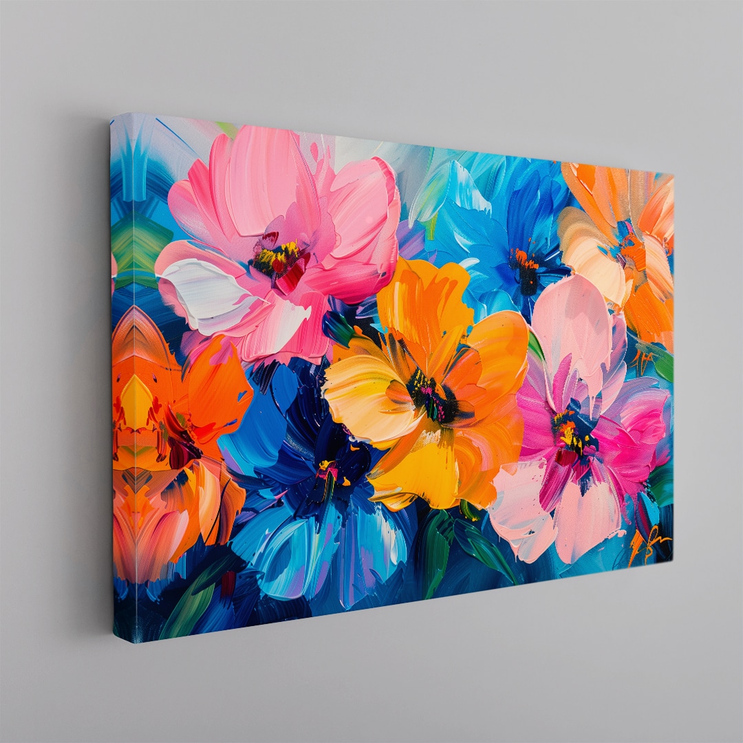 Cuadro floral colorido con flores vibrantes en tonos rosa, azul y naranja estilo pintura artística moderna en canvas