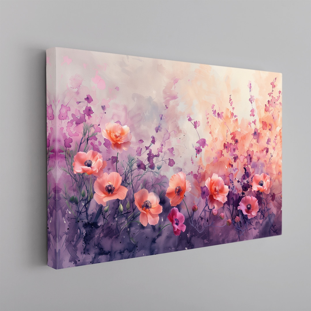 Cuadro floral en tonos pastel rosa y lila con flores suaves estilo pintura artística elegante en canvas