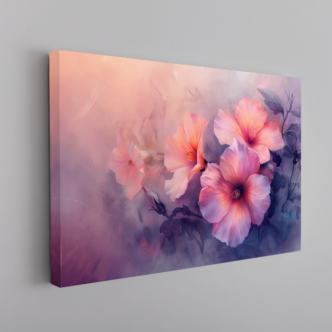 Cuadro floral en tonos pastel rosa y lila con flores suaves estilo pintura artística elegante en canvas