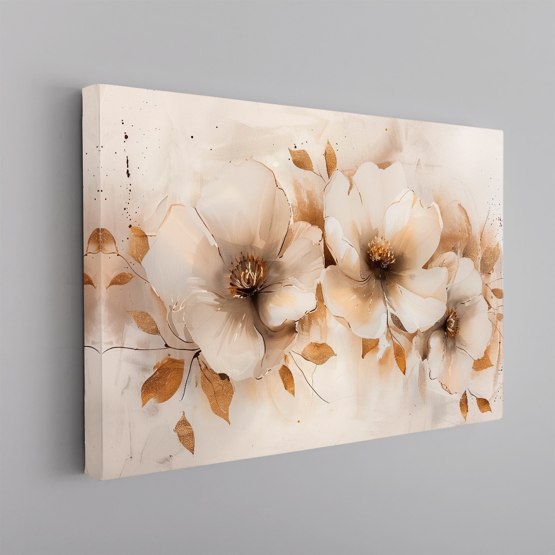 Cuadro floral en tonos marfil y beige con flores suaves estilo pintura elegante minimalista en canvas