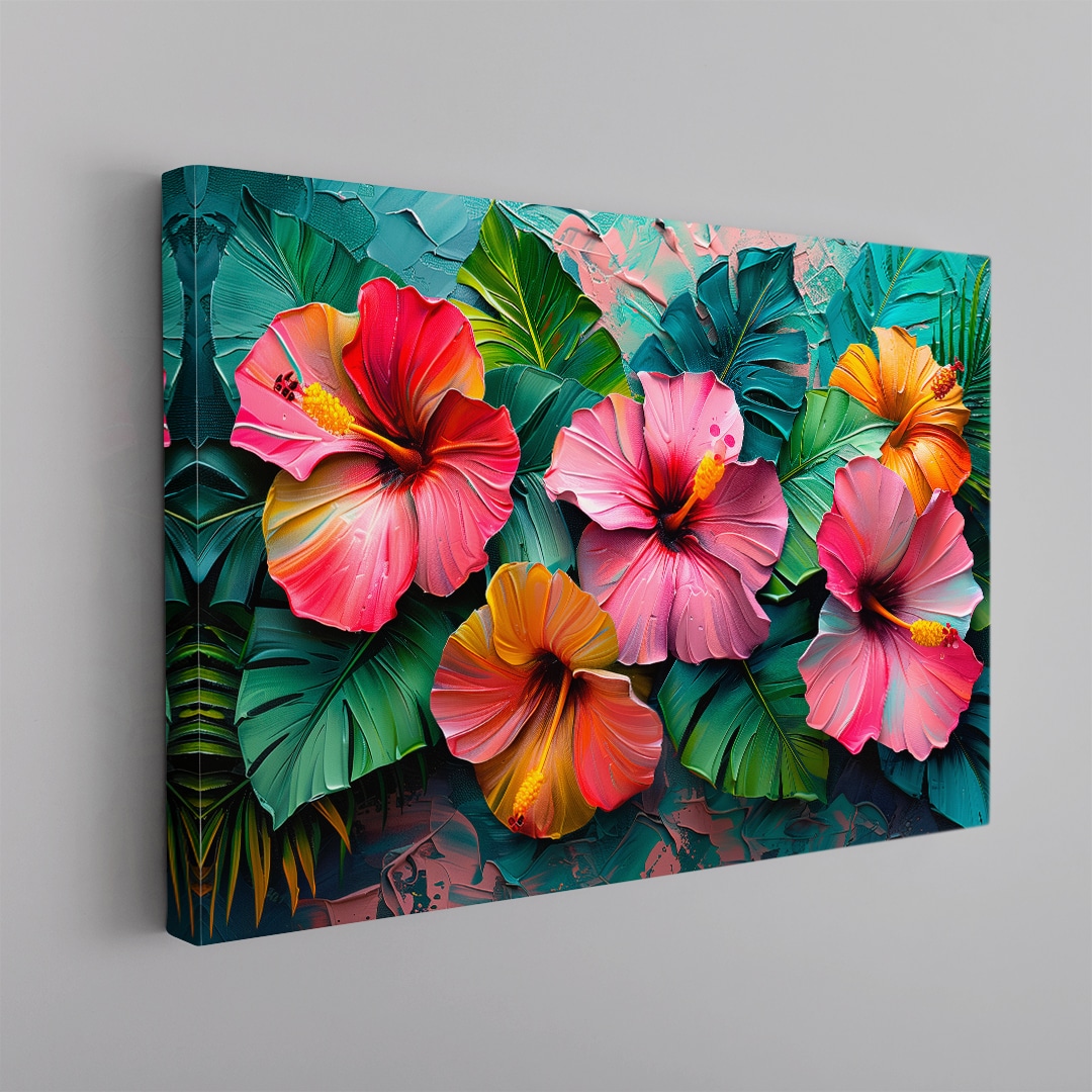 Cuadro floral tropical con flores rosas y hojas verdes estilo pintura artística vibrante en canvas