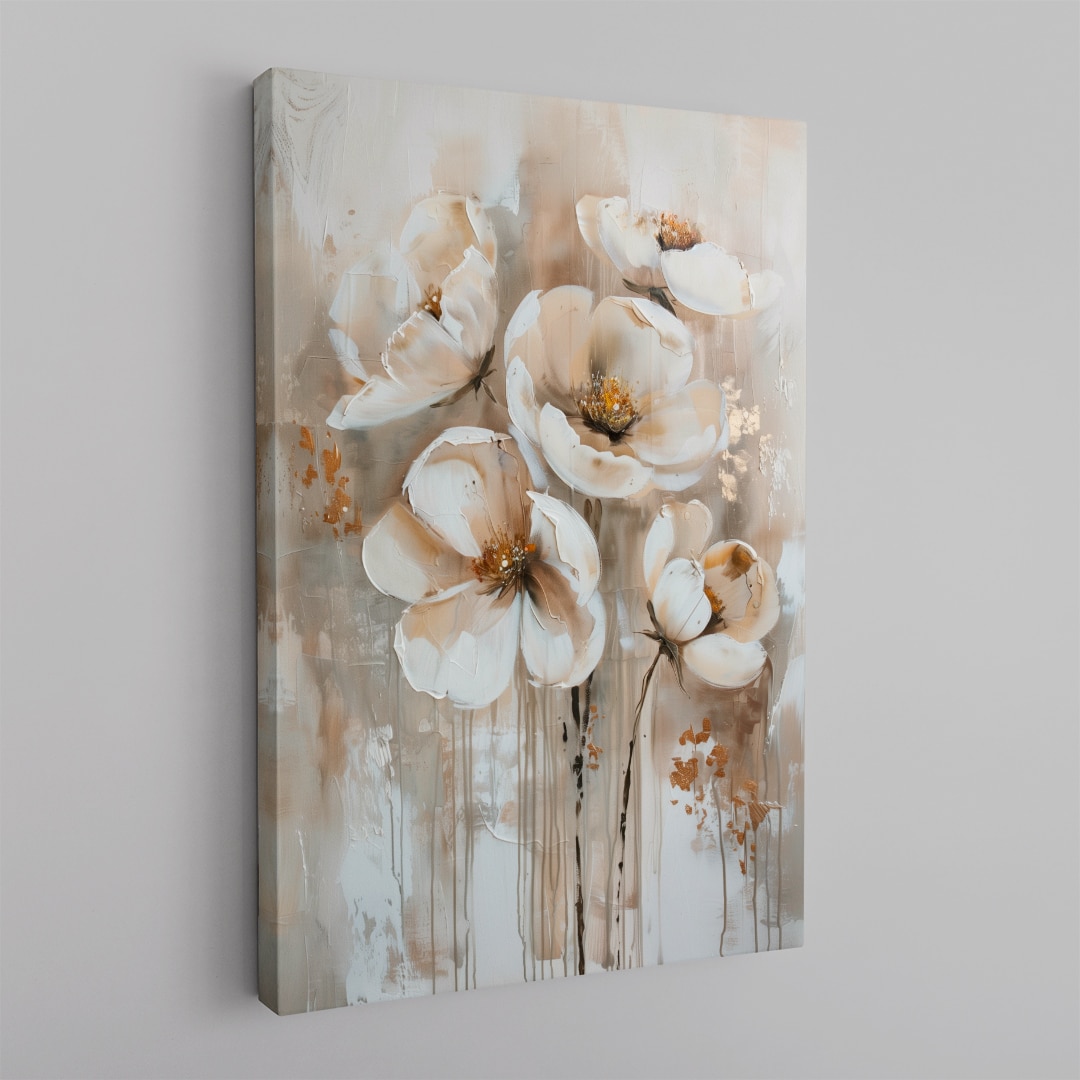 Cuadro floral en tonos blanco y dorado con flores elegantes estilo pintura artística de lujo en canvas