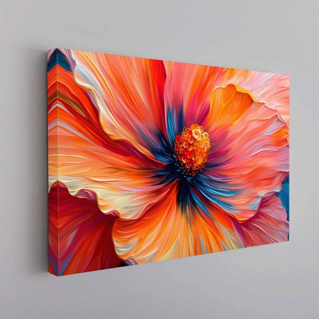Cuadro floral abstracto en tonos rojo, naranja y azul estilo pintura artística vibrante en canvas