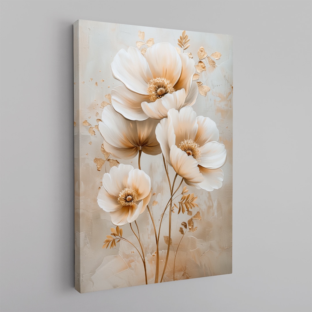 Toque Dorado Cuadro floral en tonos blanco y dorado con flores elegantes estilo pintura artística de lujo en canvas